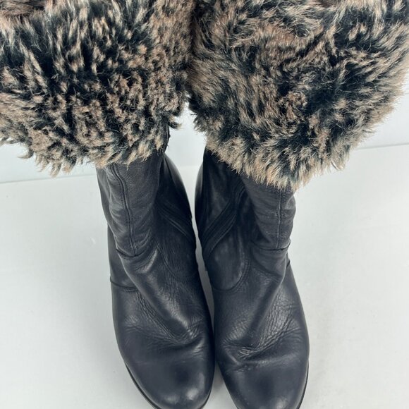 Unbranded Leather Boots Size 9.5 EU 40 Black Almond Toe Wedge Heel 3in Faux Fur - Picture 5 of 6